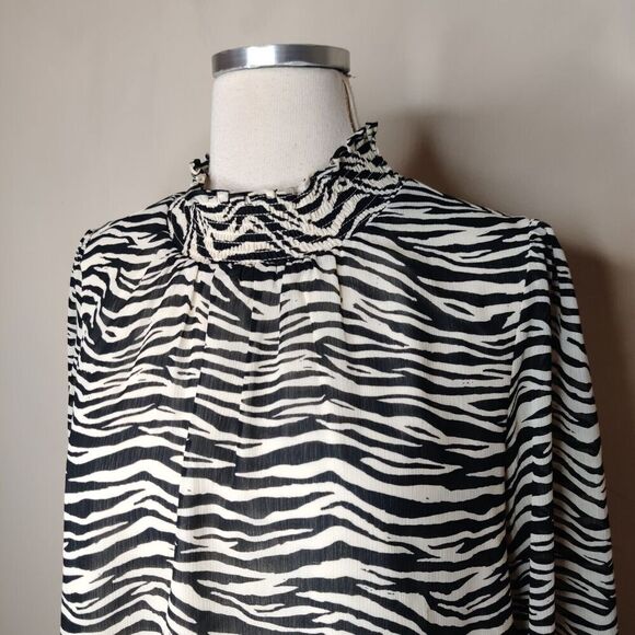 J Crew Zebra Stripe Chiffon Blouse Mock Neck Black White Long Sleeve - Picture 5 of 9
